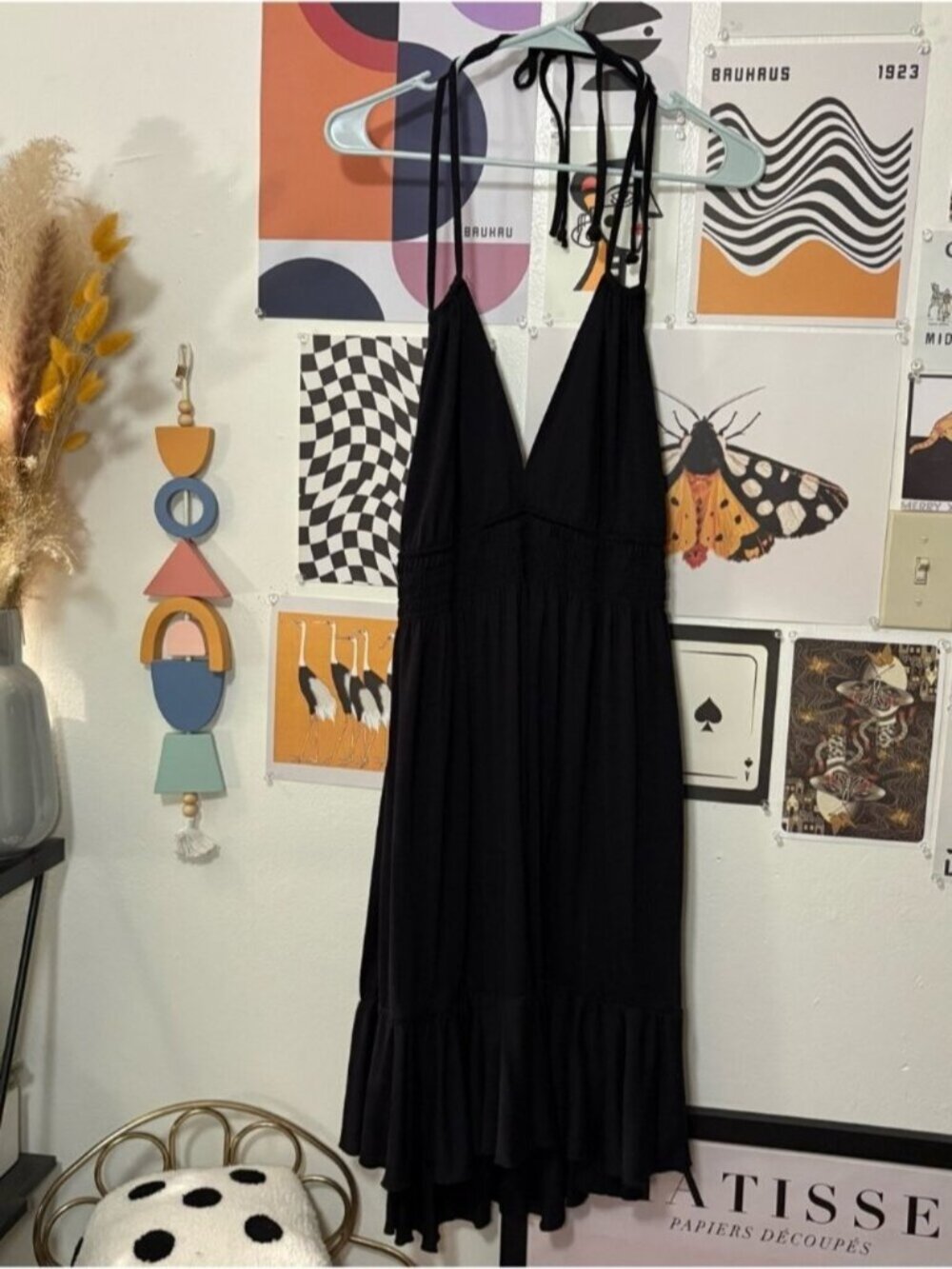 Black Halter Midi Dress with Ruffle Hem